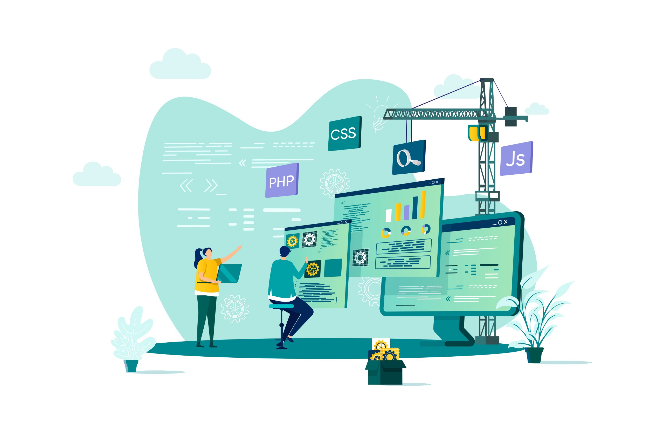 Web development concept in flat style. Developers team construct web application scene. Full stack development, software engineering, design and programming. Vector illustration with people characters